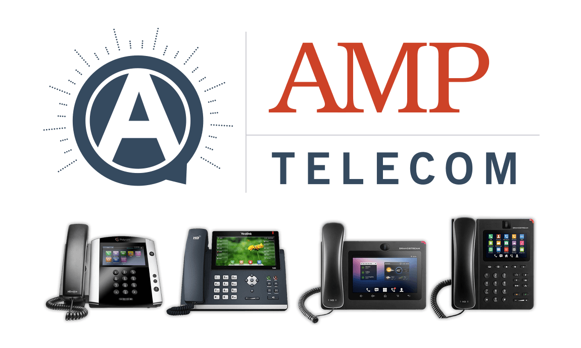 Amp Telecom Logo with Polycom, Cisco, Yealink, and Grandstream phones.